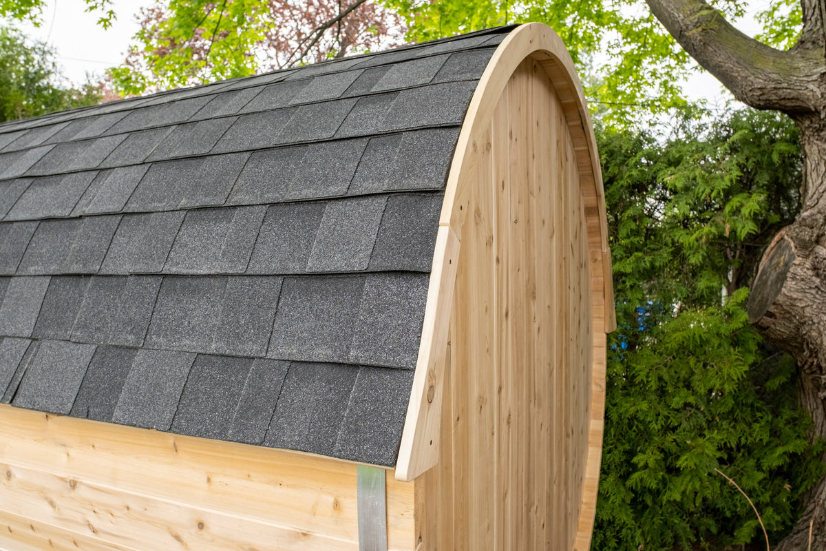 Close view of the optional shingle roof and trim on the CT Tranquility barrel sauna