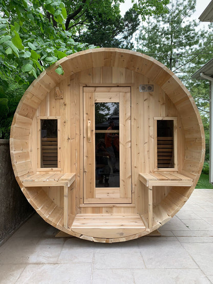 CT Tranquility barrel sauna installed on a residential patio