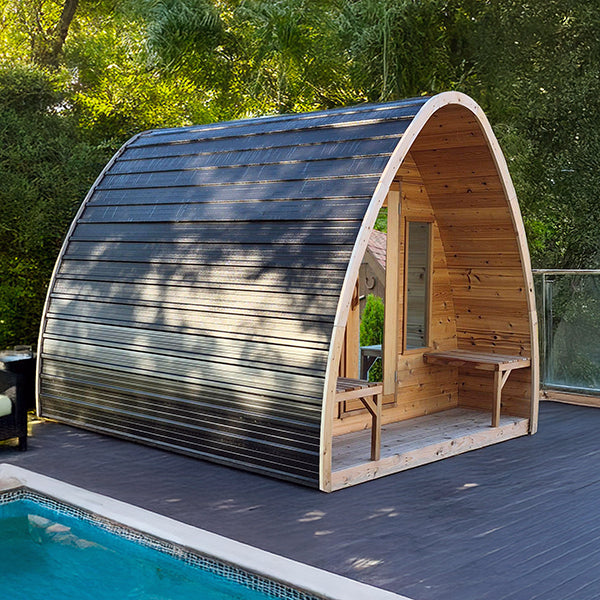 CT MiniPOD sauna fitted with a black metal roof