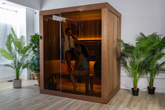 CT Element Loft indoor sauna front view, Thermo Grandis cabin with full glass door