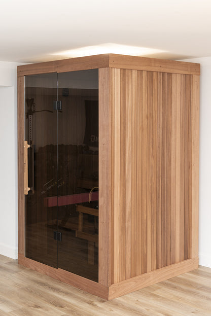 CT Element Nook sauna exterior at an angle showing Thermo Grandis wood cladding