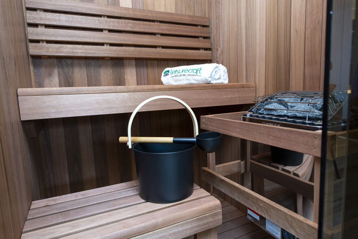 Close detail of CT Element Nook sauna bench joinery and thermally modified wood grain
