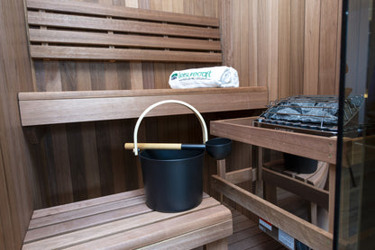 Close detail of CT Element Nook sauna bench joinery and thermally modified wood grain