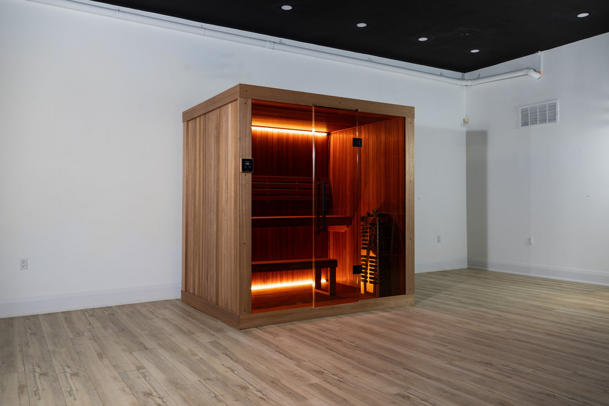 CT Element Studio indoor sauna front view, Thermo Grandis cabin with full glass door