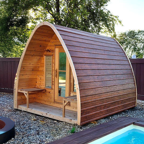 CT MiniPOD sauna fitted with a woodgrain metal roof
